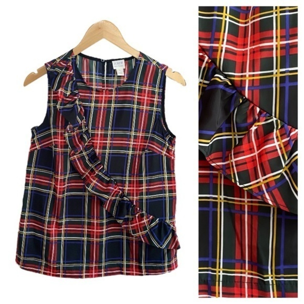 J. Crew Red Green Black Blue Tartan Christmas Holiday Plaid Ruffle Tank Top 0